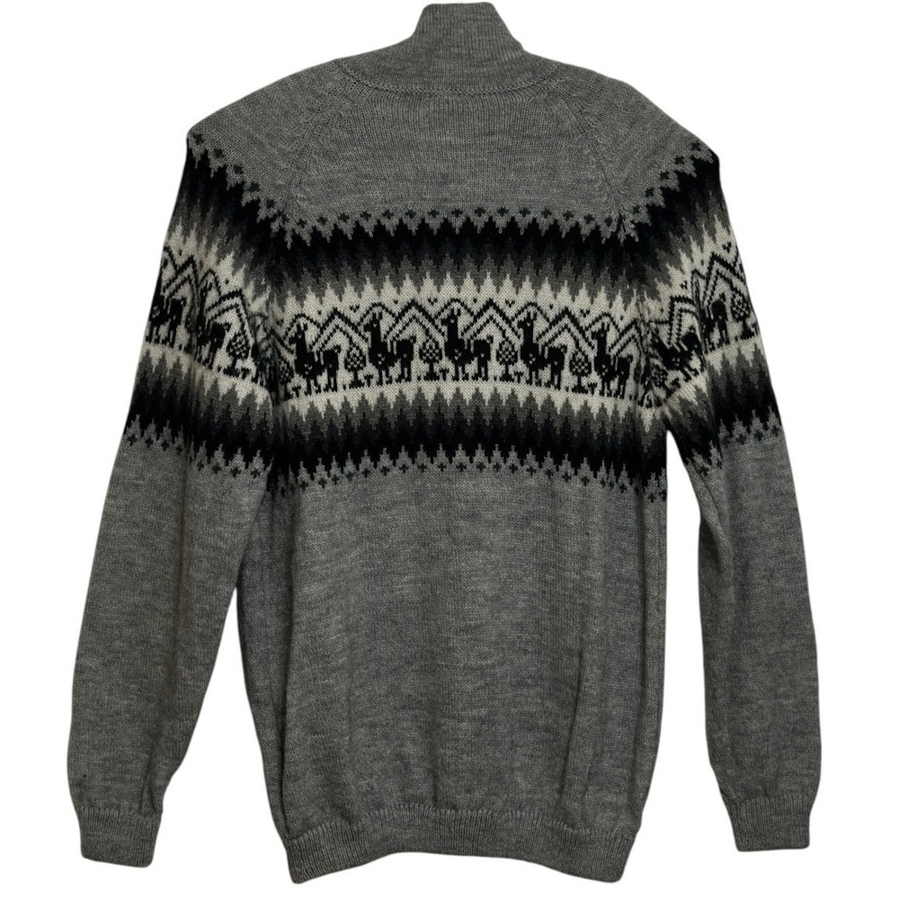 Alpaca Made in Peru Full Zip Cardigan Men Gray Llama Fair Isle Sweater Cozy L - Picture 2 of 6